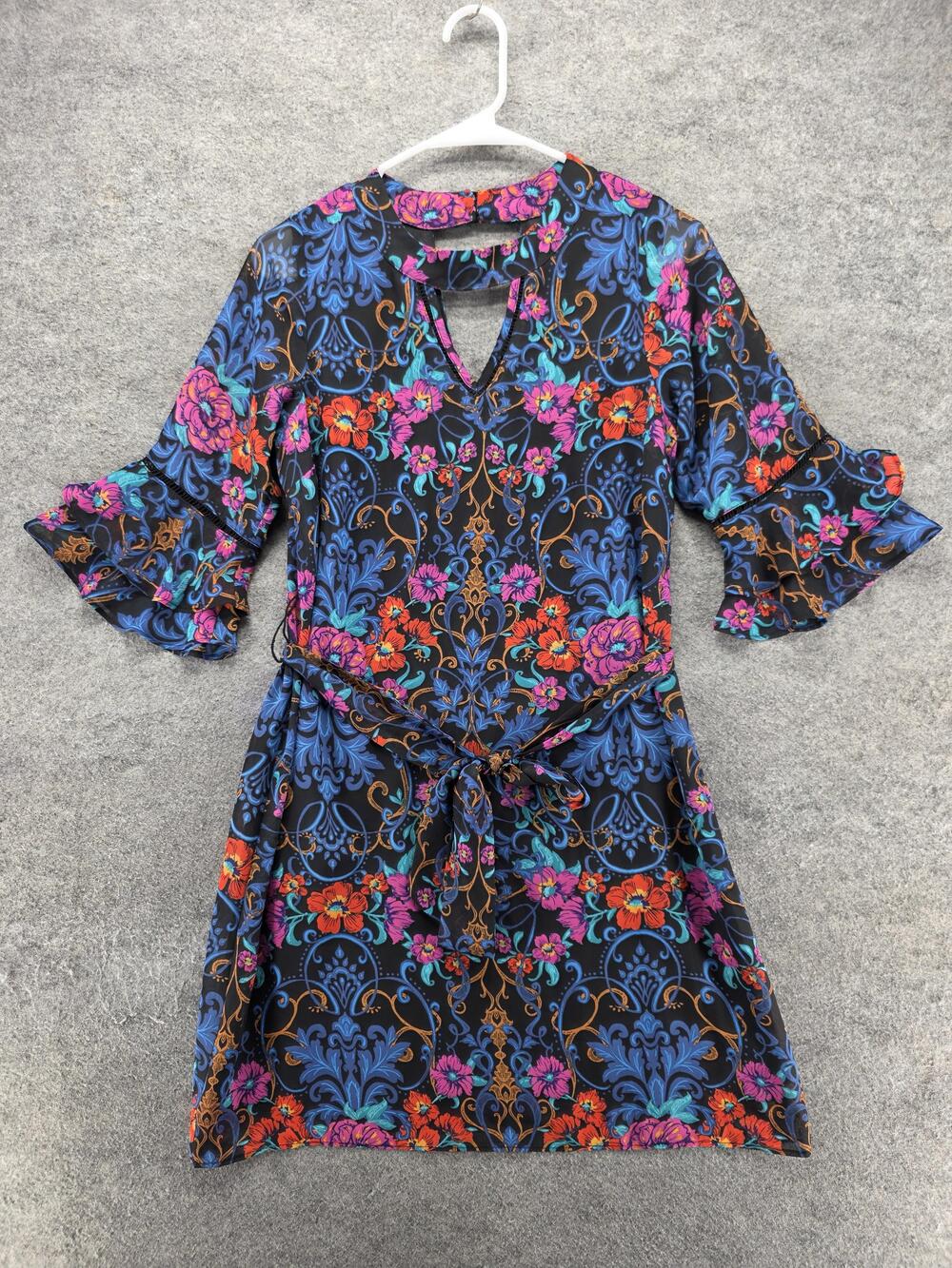 BCX Dress Juniors S Multicolor Floral Shift Chiffon Bell Sleeve Belted Ruffle
